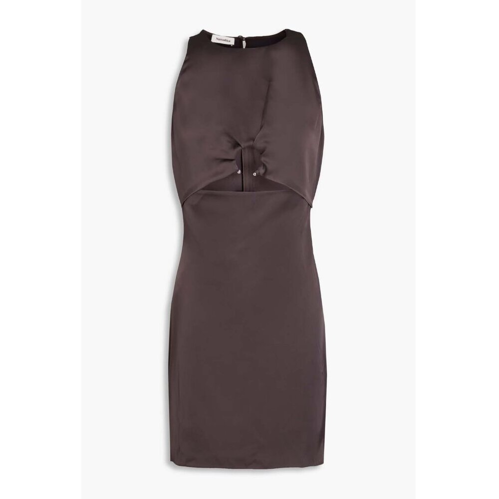 Nanushka Satin Cut-Out Mini Dress in Coffee Brown w/ Silver Ring Size Small